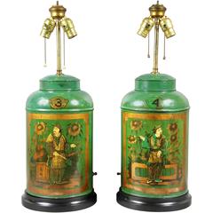 Antique Pair of Victorian Green Tole Tea Canister Lamps