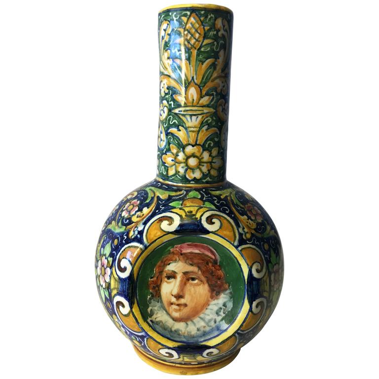 Antique Angelo Minghetti Majolica Vase or Bottle. Bologna Italy, circa