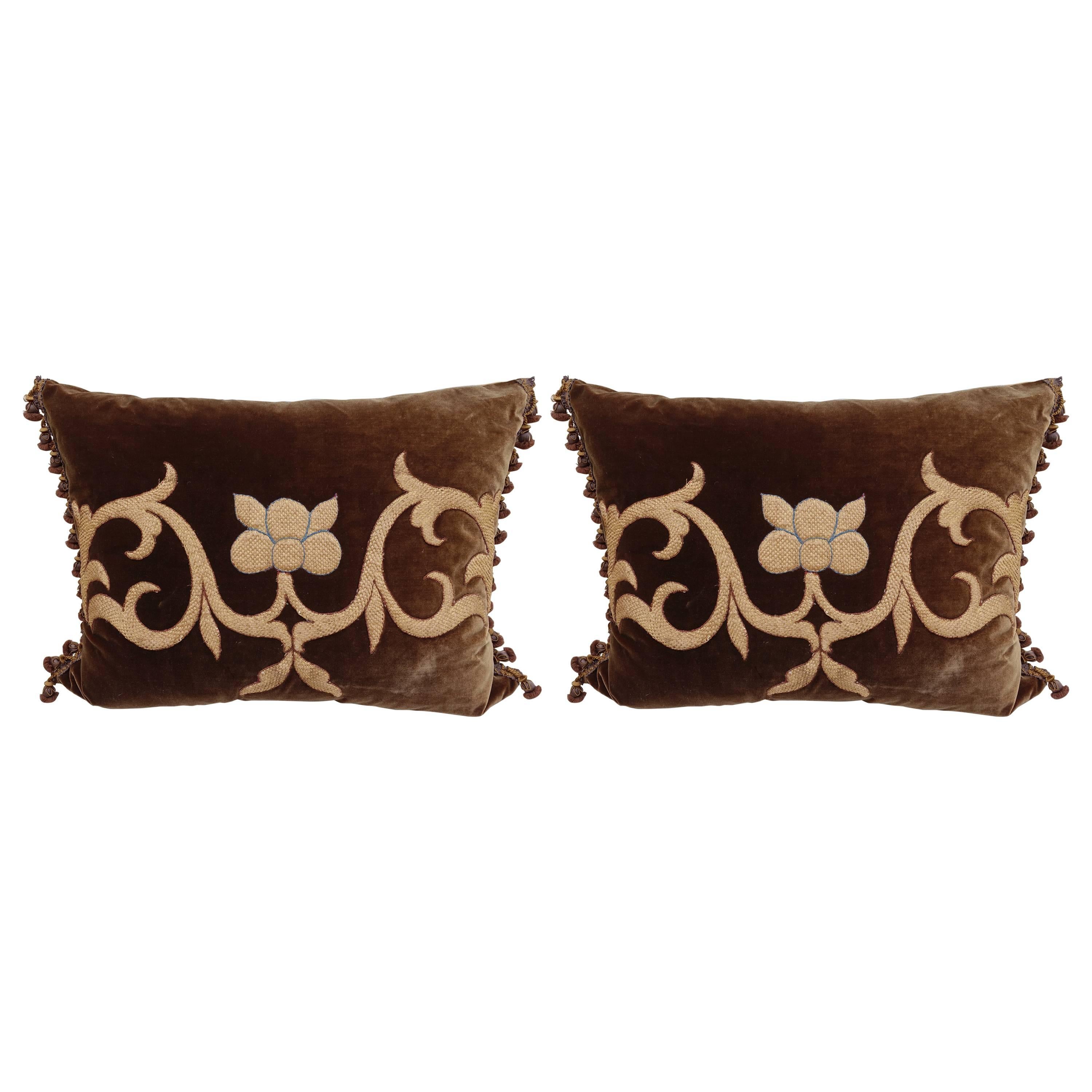 Pair of Gold Metallic Appliqued Silk Velvet Pillows