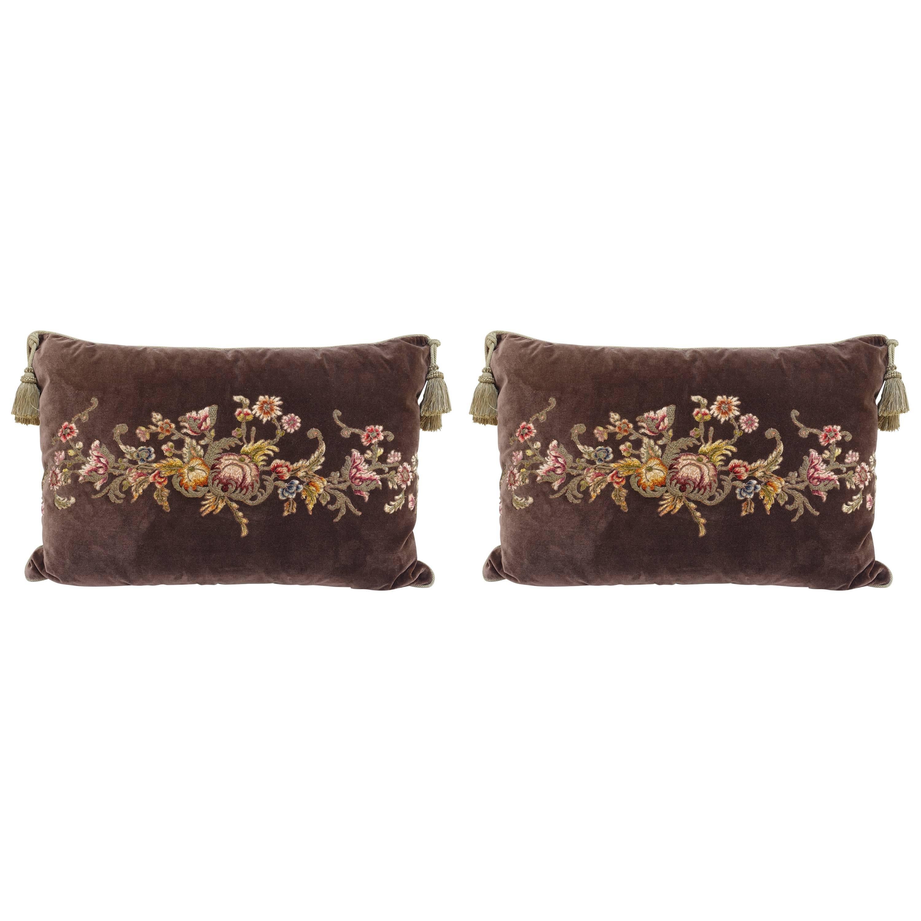 Pair of French Appliquéd Silk Velvet Pillows by Melissa Levinson