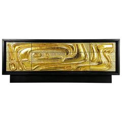 Sculptural Gold Leaf Cabinet with Brutalist Relief, Ebonized Case