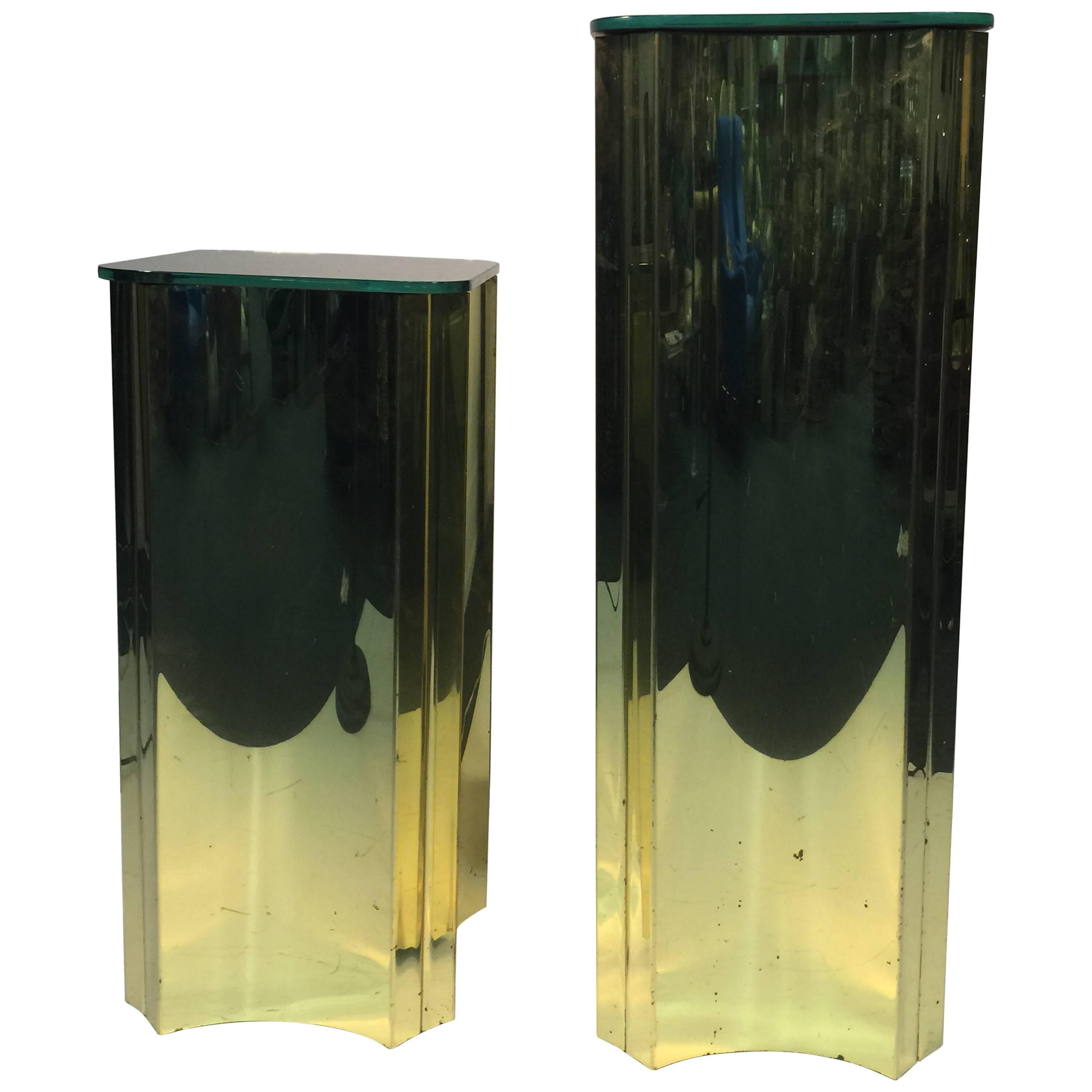 Terrific Set of Two Sculptural Curtis Jere Brass Pedestals with Mirrored Tops For Sale