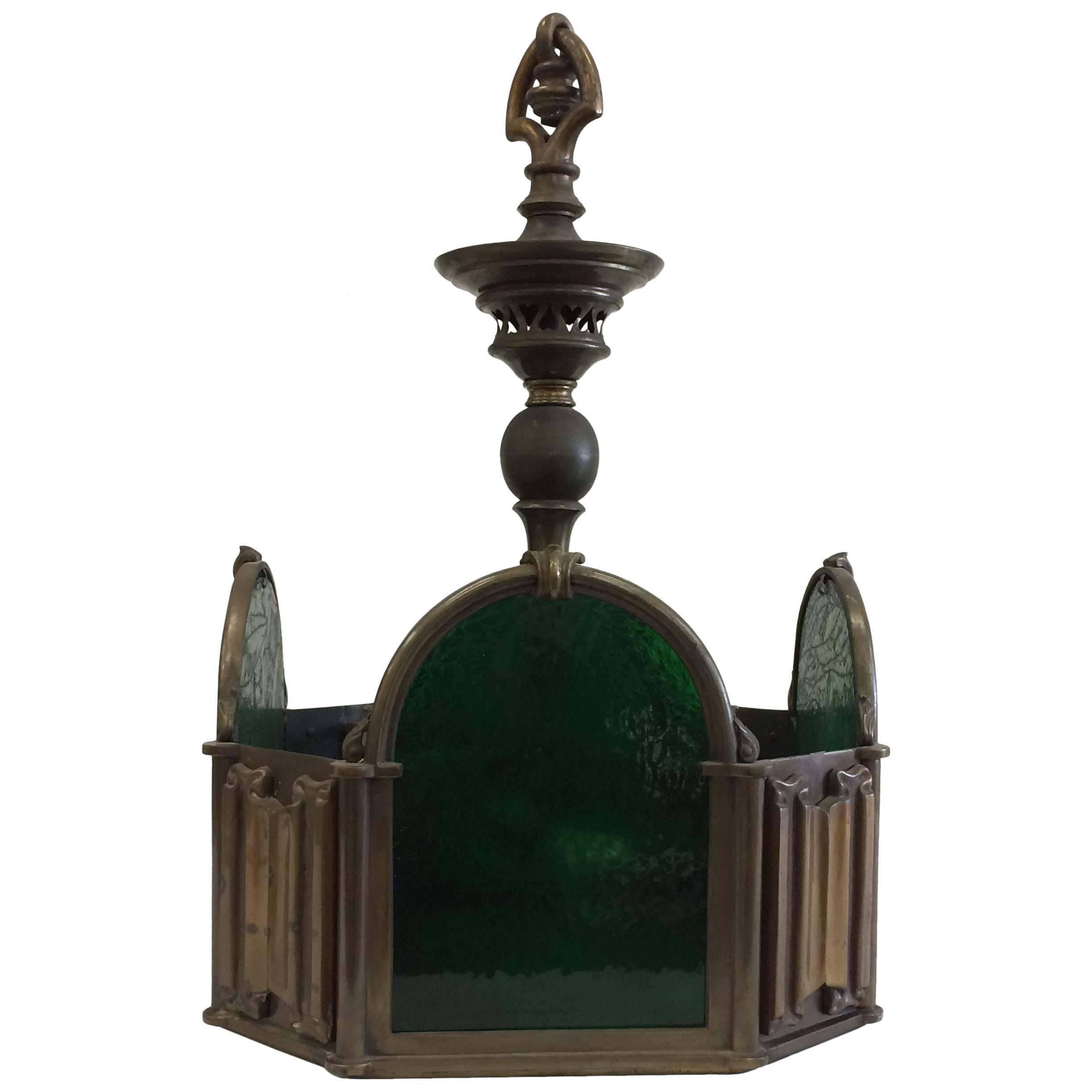 Bronze Green Slag Glass Hanging Light For Sale
