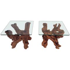 Driftwood Vintage Pair of Cypress Root End Side Tables Palm Beach Tree Freeform