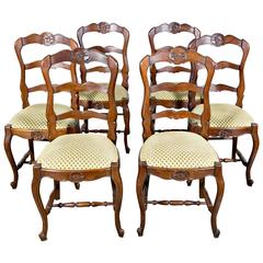 Set of Six Country French Ladder Back Chairs with Upholstered Seats