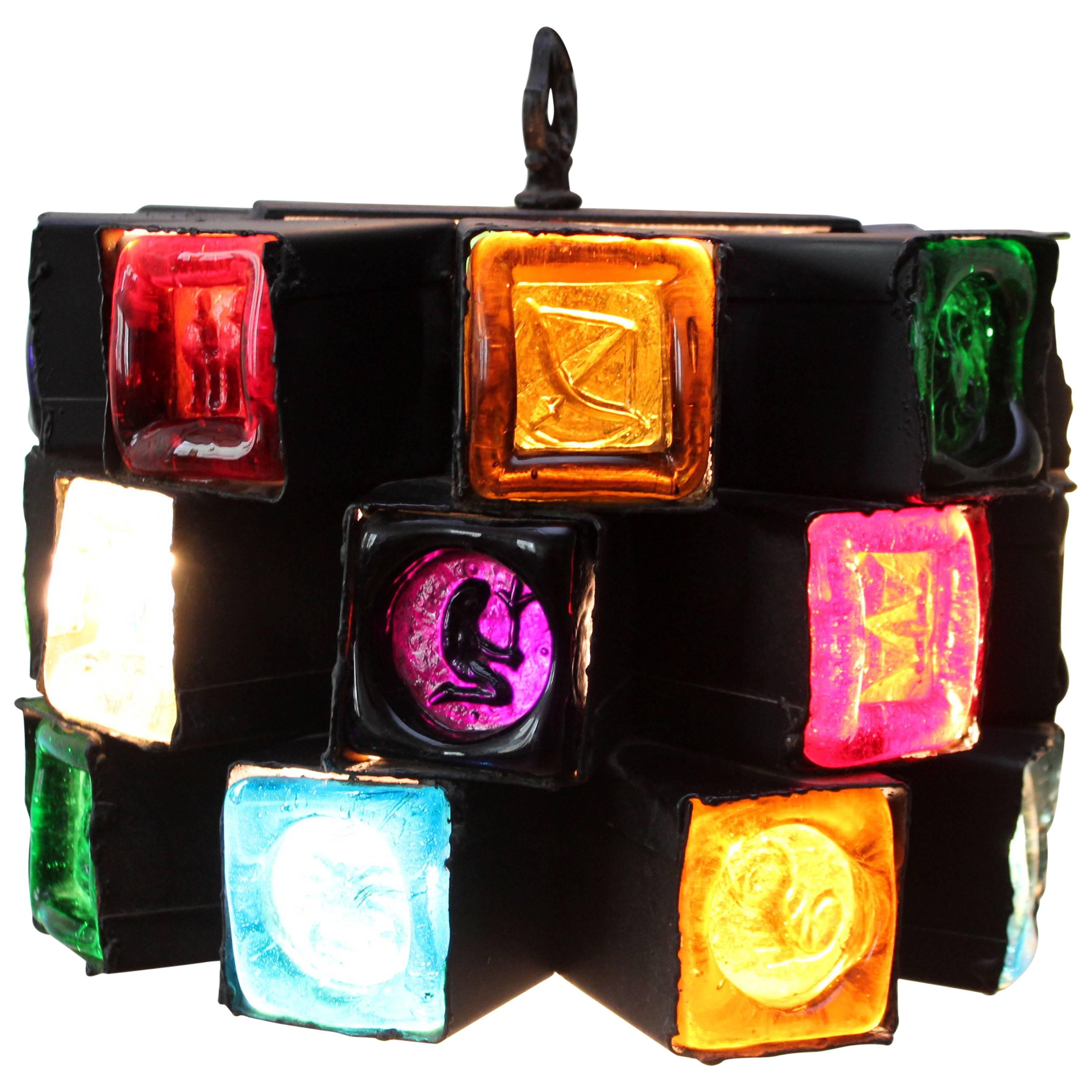Brutalist Feder Metal and Blown Glass Chandelier