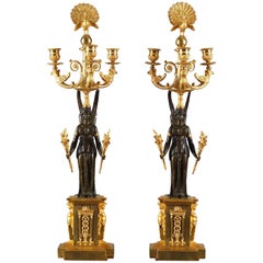 Pair of Empire Bronze Three Branched Candelabras