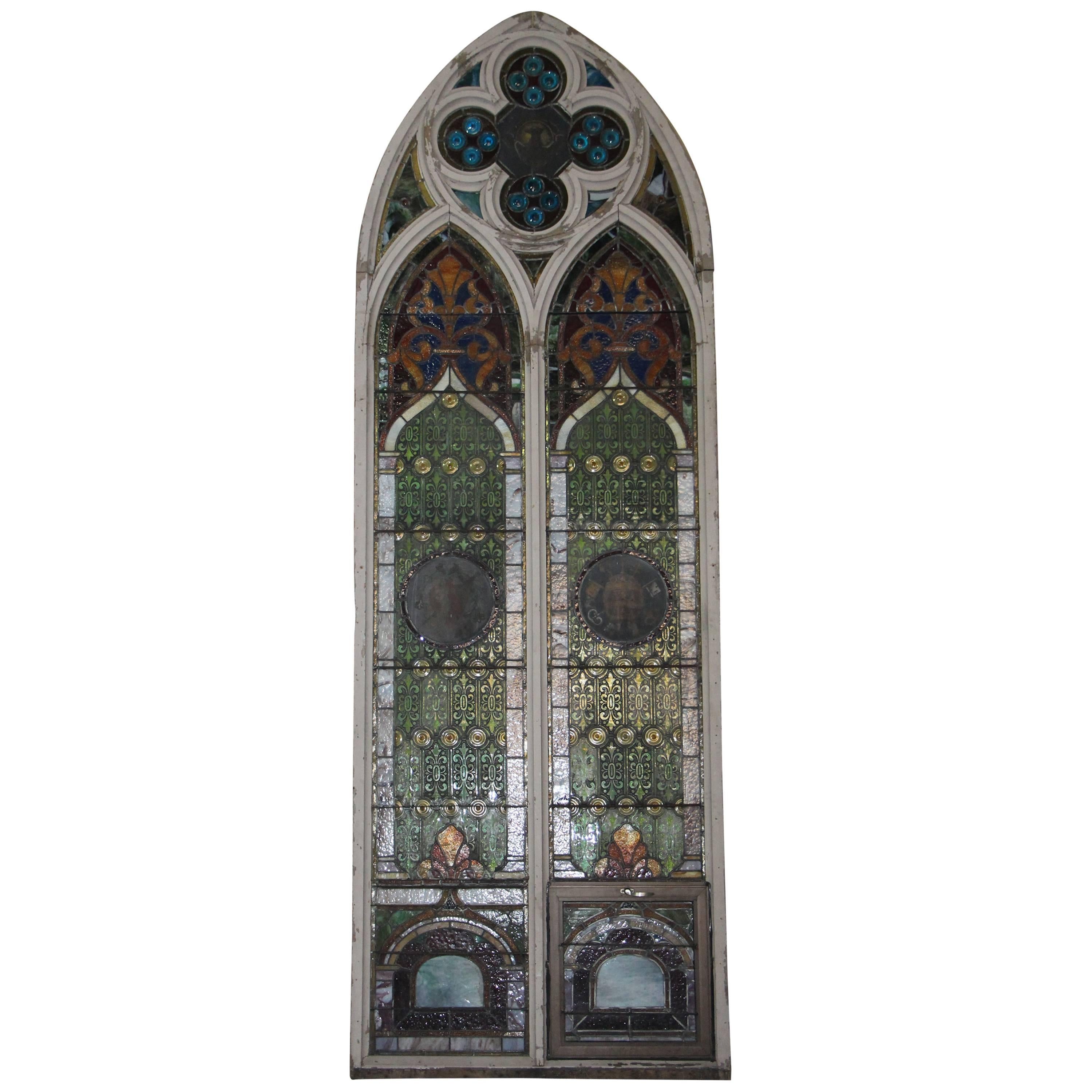 1860s Large Arched Gothic Colored Stained Glass Window from a Wisconsin Church
