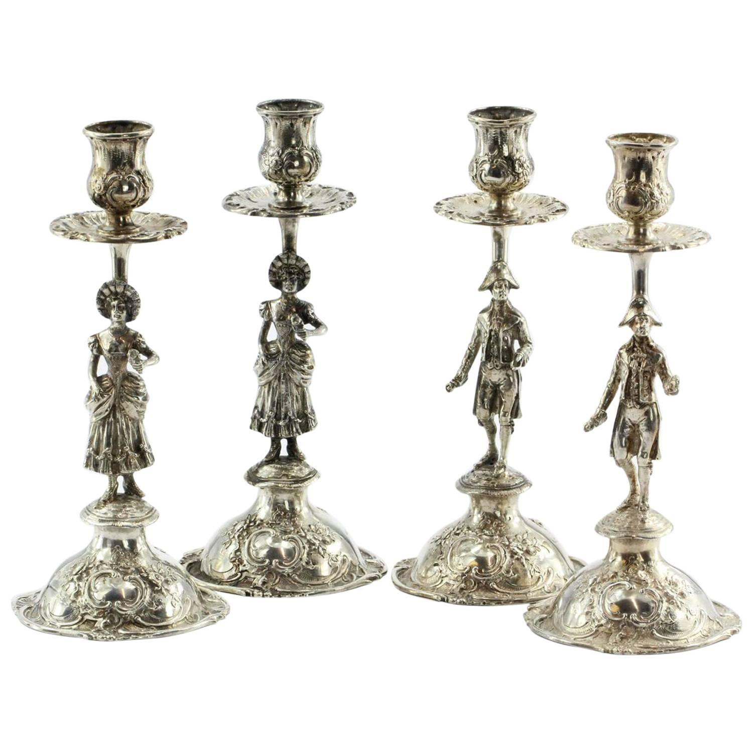 Set of Four Antique 800 Silver Hanau Germany Figural Rococo Candlesticks