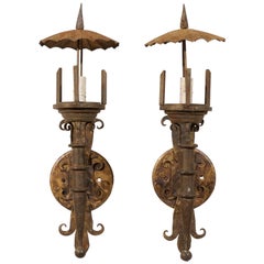 Pair of French Vintage Iron Sconces with Parasol like Top