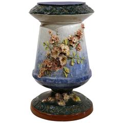 Large 19th Century French Colorful Barbotine Pedestal Base with Relief Flowers