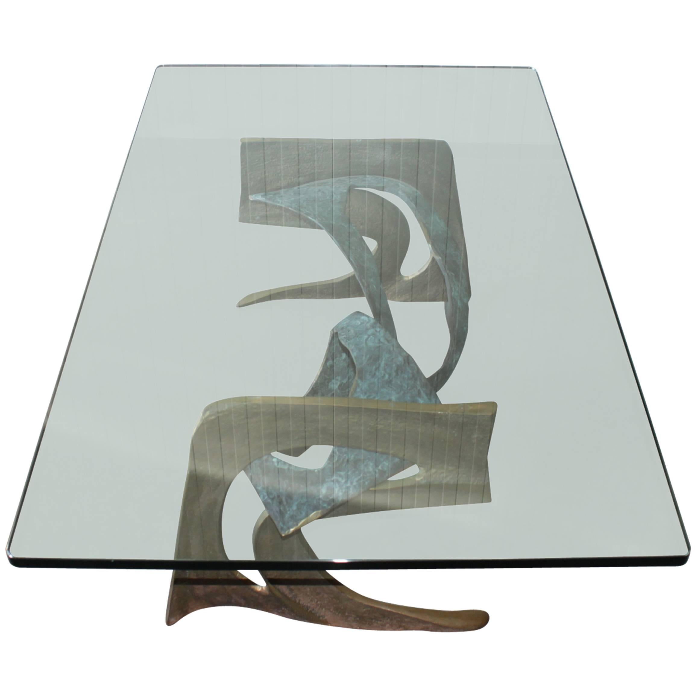 Brutalist Sculptural Bronze Coffee Table with Glass Top