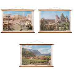 Set of Three Mid Century European Pictorial Charts of Warsaw, Belgrade & Vaduz