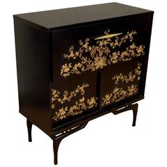Black Lacquered Dry Bar with Chinoiserie Detailing 3