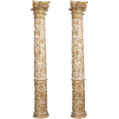 Pair of Italian Carved, Gilded and Cream Painted Half Columns, 18th Century