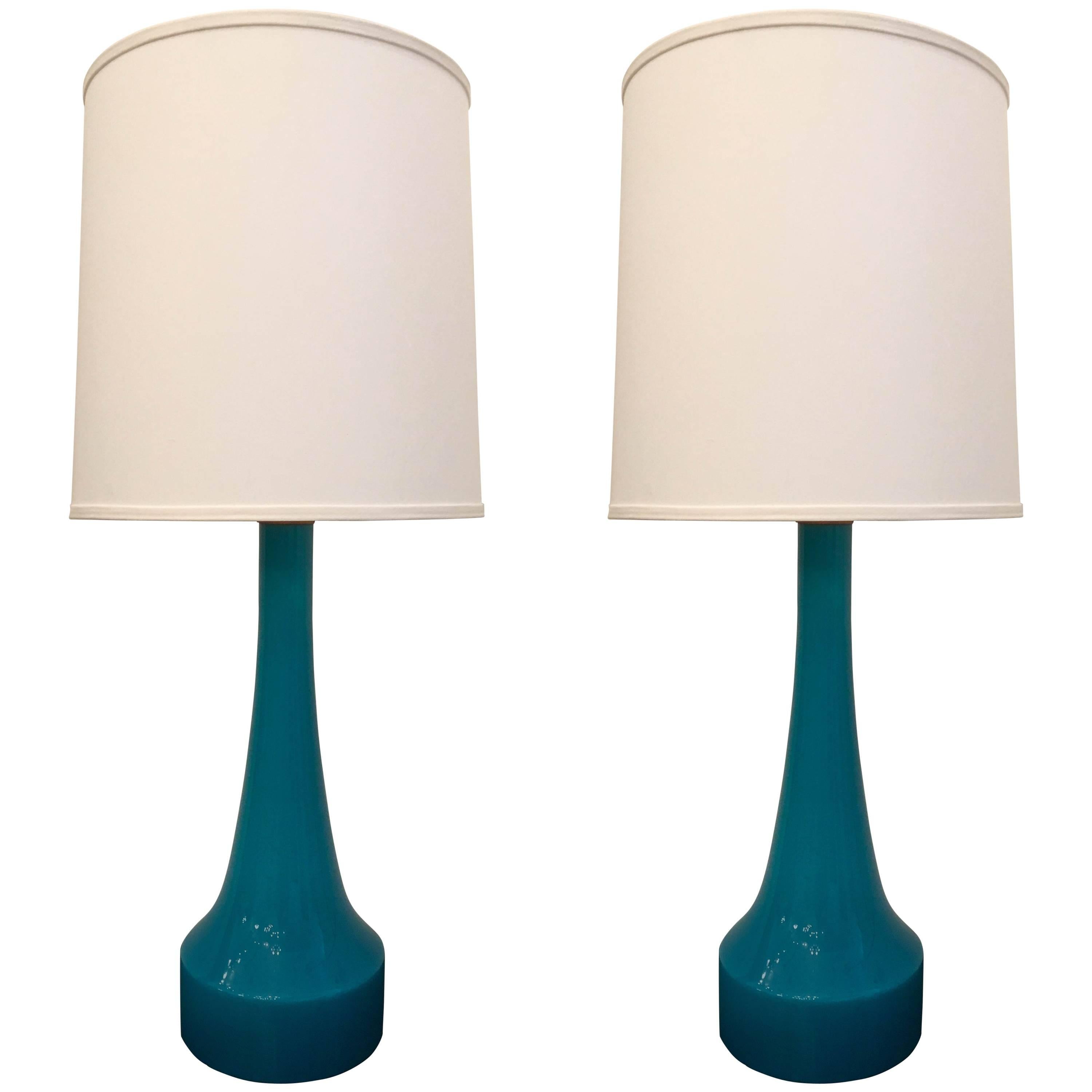 Pair of Swedish Holmegaard Blue Glass Table Lamps, 1960s