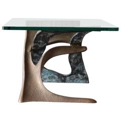 Brutalist Sculptural Bronze Side Table with Glass Top
