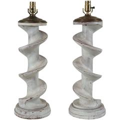 Pair of Carved Wooden Cork Screw Lamps with a Painted Finish