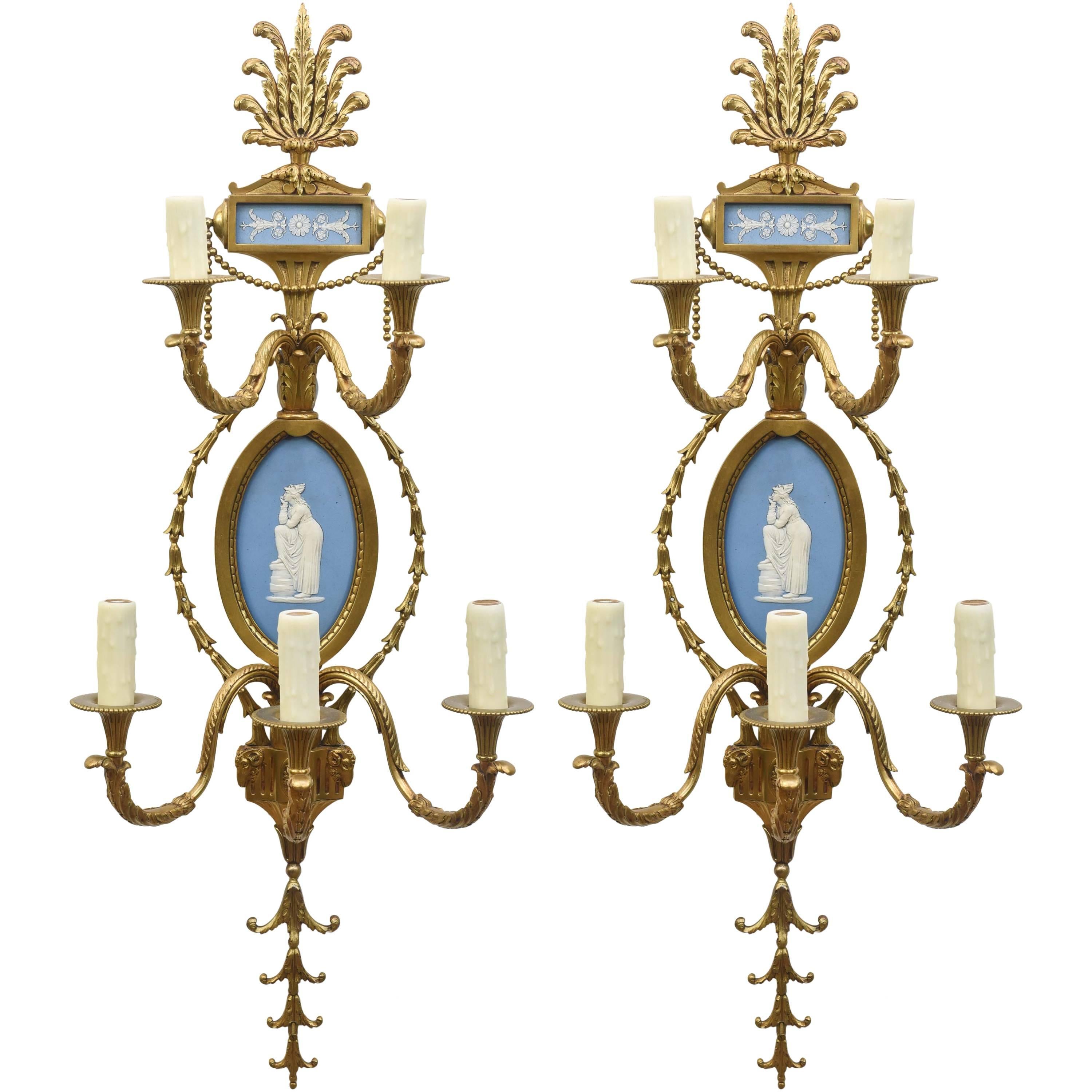 Pair of Brass Wedgewood Sconces For Sale