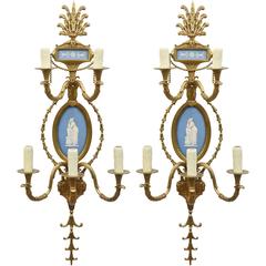 Antique Pair of Brass Wedgewood Sconces