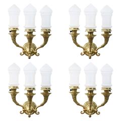 Antique Set of Four, Three-Arm Beaux Arts Cast Brass Sconces