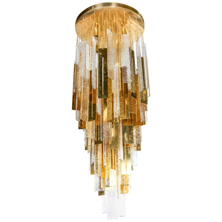 Mazzega Murano Glass and Gold-Plated Pendant Drop Chandelier 