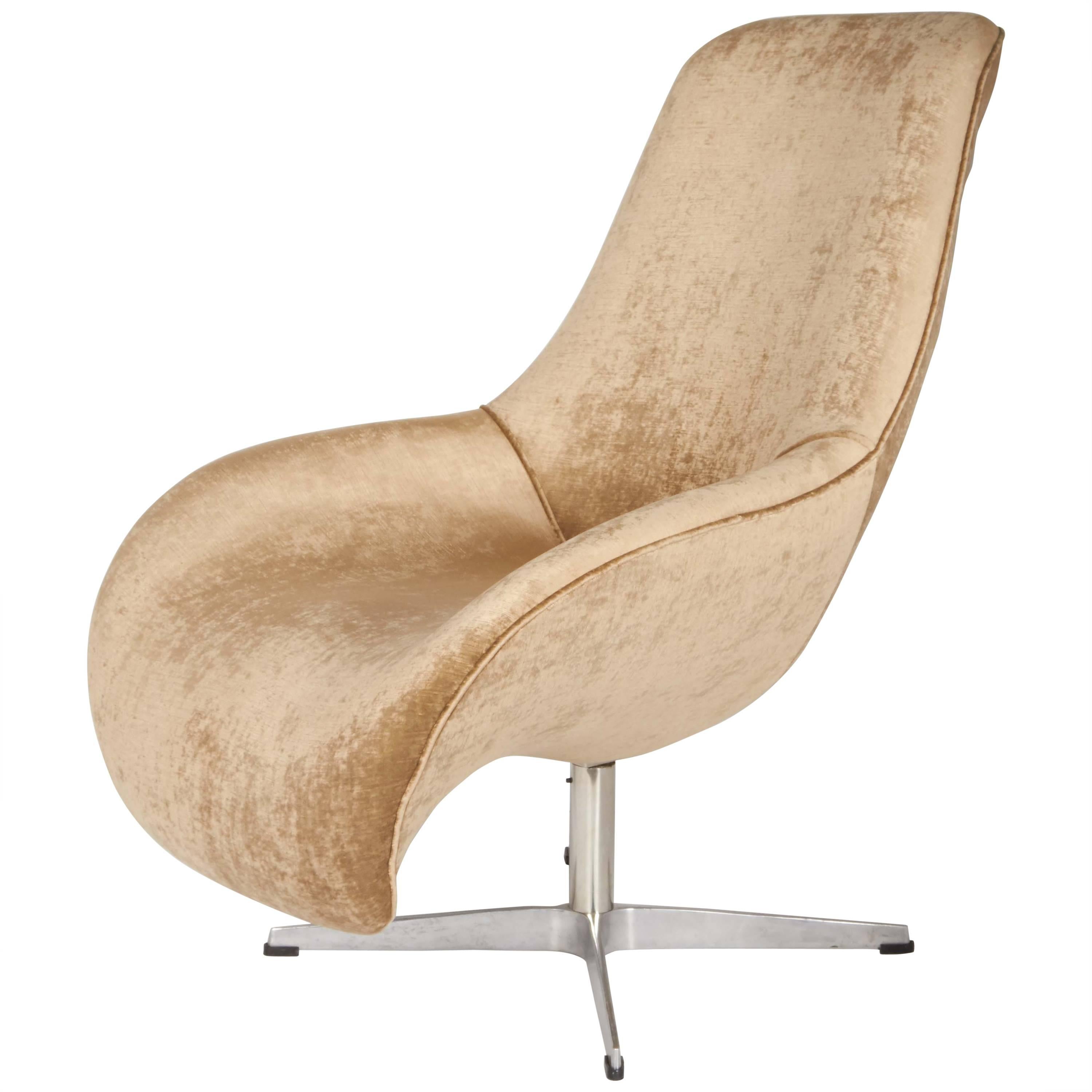 Mid-Century Swivel Lounge Chair in Taupe Velvet Attributed to H.W. Klein