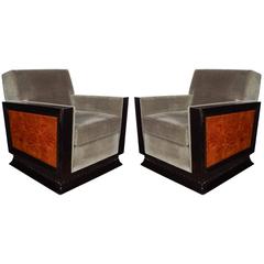 Pair of Exceptional Art Deco Club Chairs with Exotic Wood Inlays