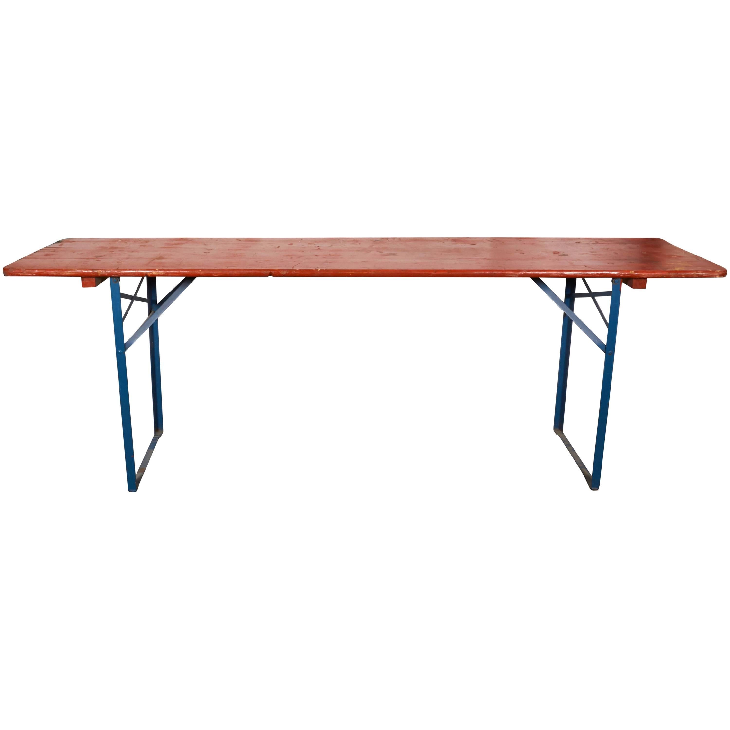 Folding Orange Picnic Table with Blue Metal Legs