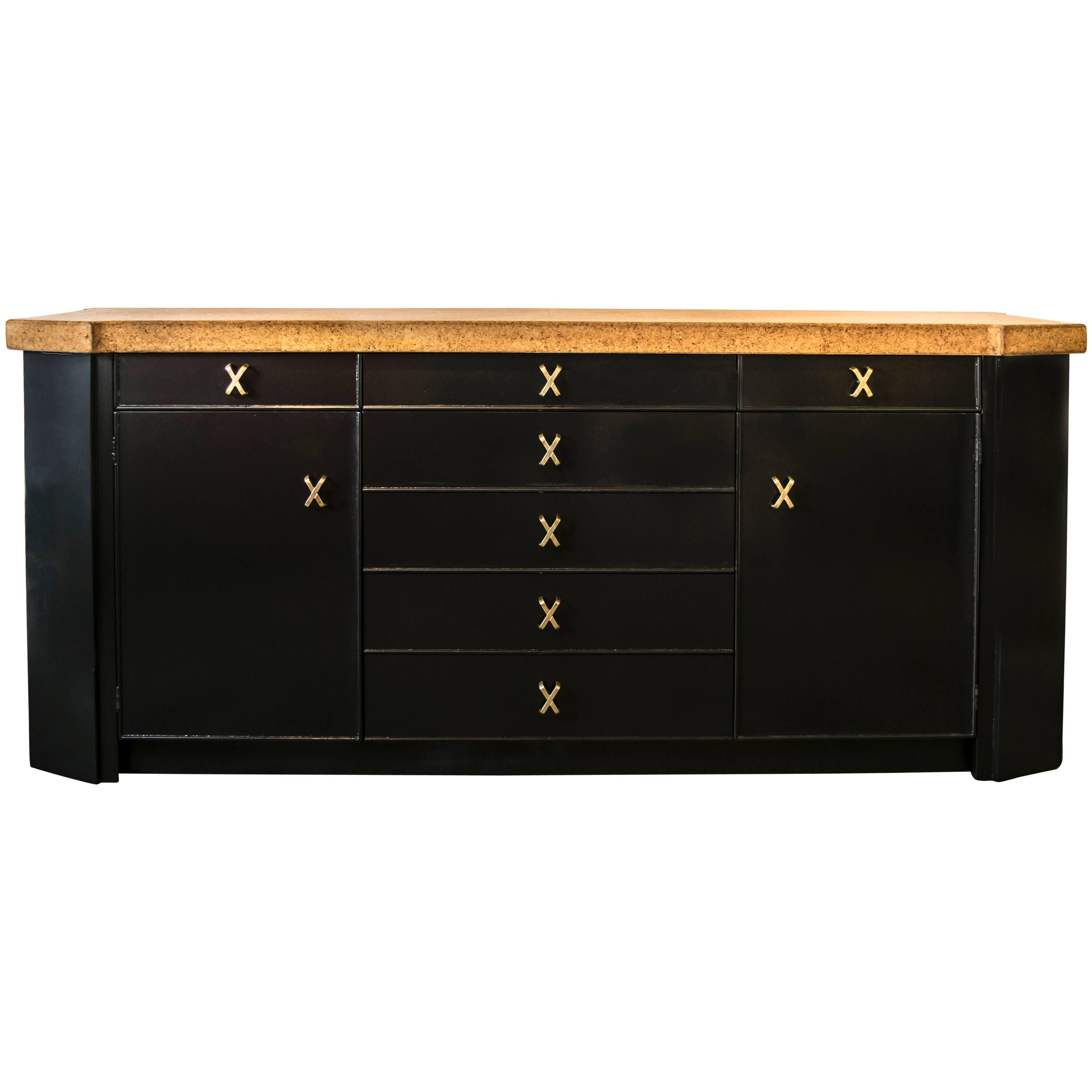 Paul Frankl Ebonized Cork-Top Credenza Buffet with Exquisite Brass Hardware For Sale