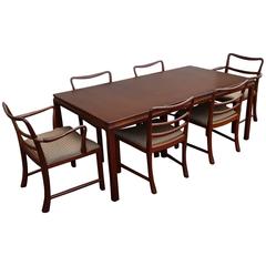 Mahogany Signed Dunbar Dining Set with Table Six Chairs and One Leaf