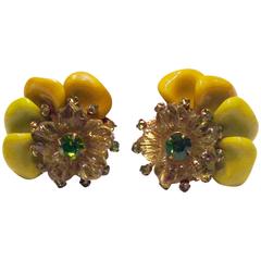 Vintage 1950s Miriam Haskell “Pate De Verre"  Vaselinge Glass Flower Earings