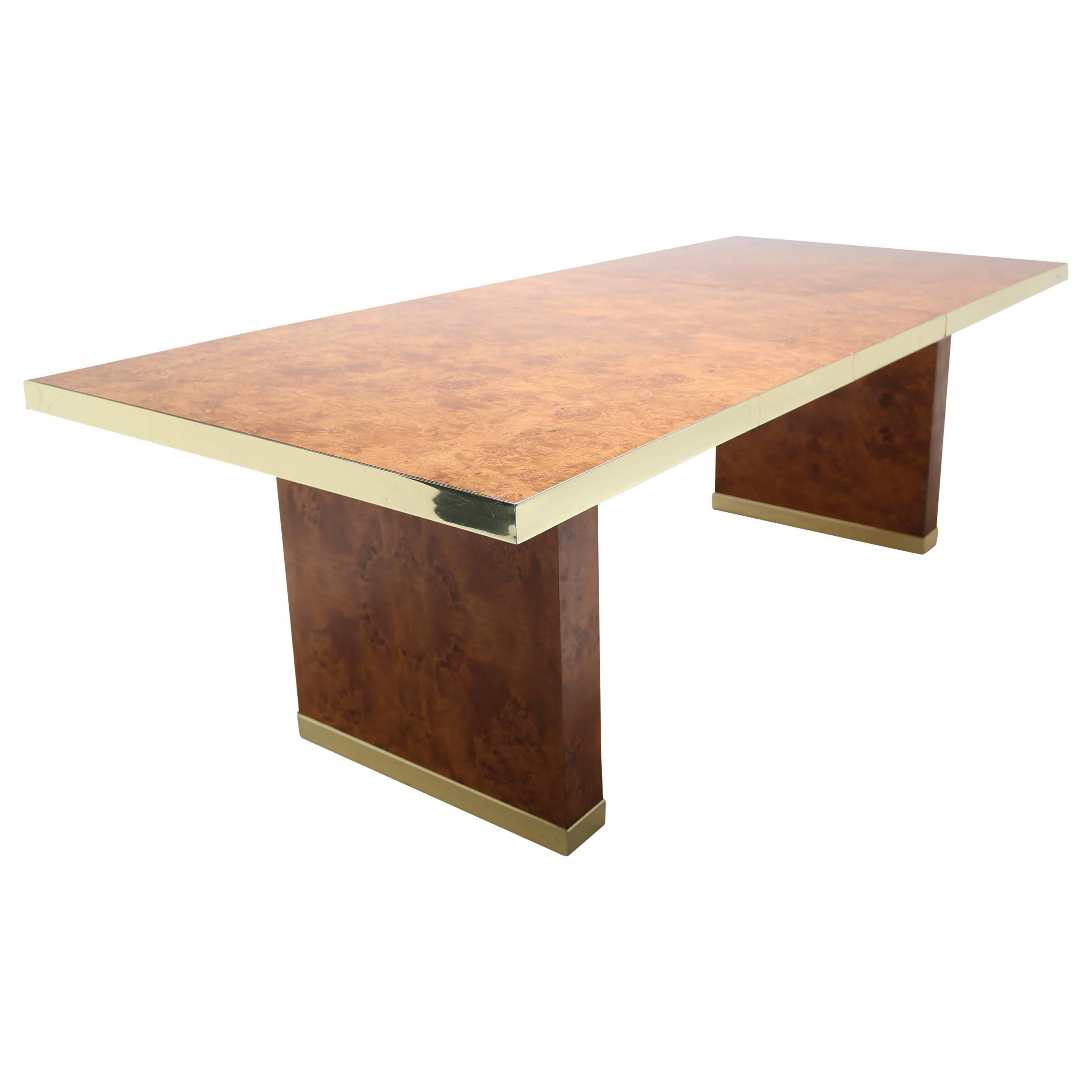 Pierre Cardin signed burlwood and brass extending mid century dining table, 1970s For Sale