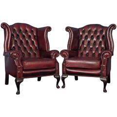 English Vintage Oxblood Leather Wingback Chesterfield Armchairs, Pair, 1970s