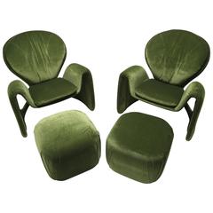 Mid-century Lounge Chairs and Matching Ottomans