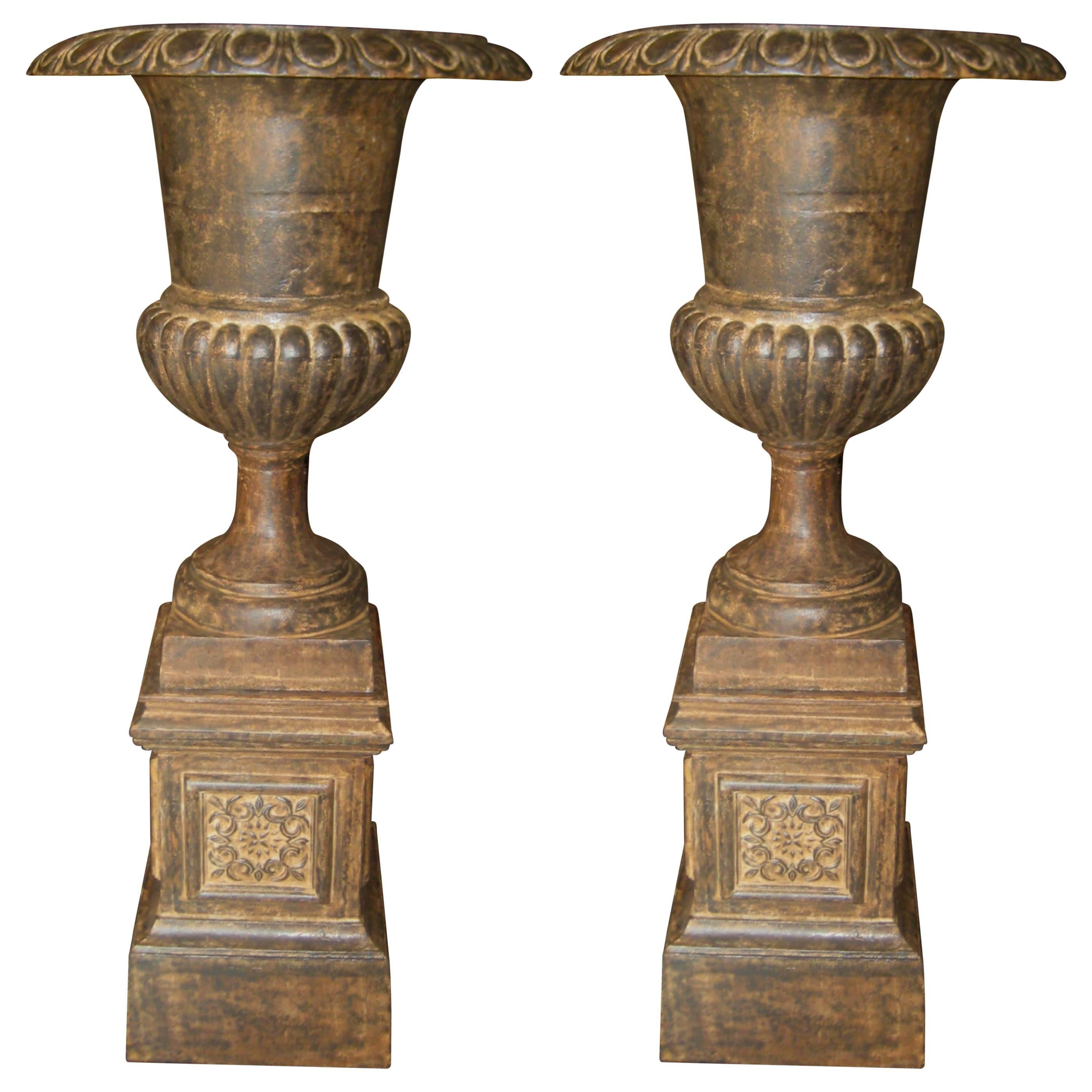 Large Pair of Antique Cast Iron Garden Urns and Pedestals