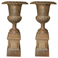 Large Pair of Antique Cast Iron Garden Urns and Pedestals