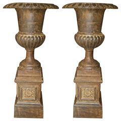 Large Pair of Antique Cast Iron Garden Urns and Pedestals