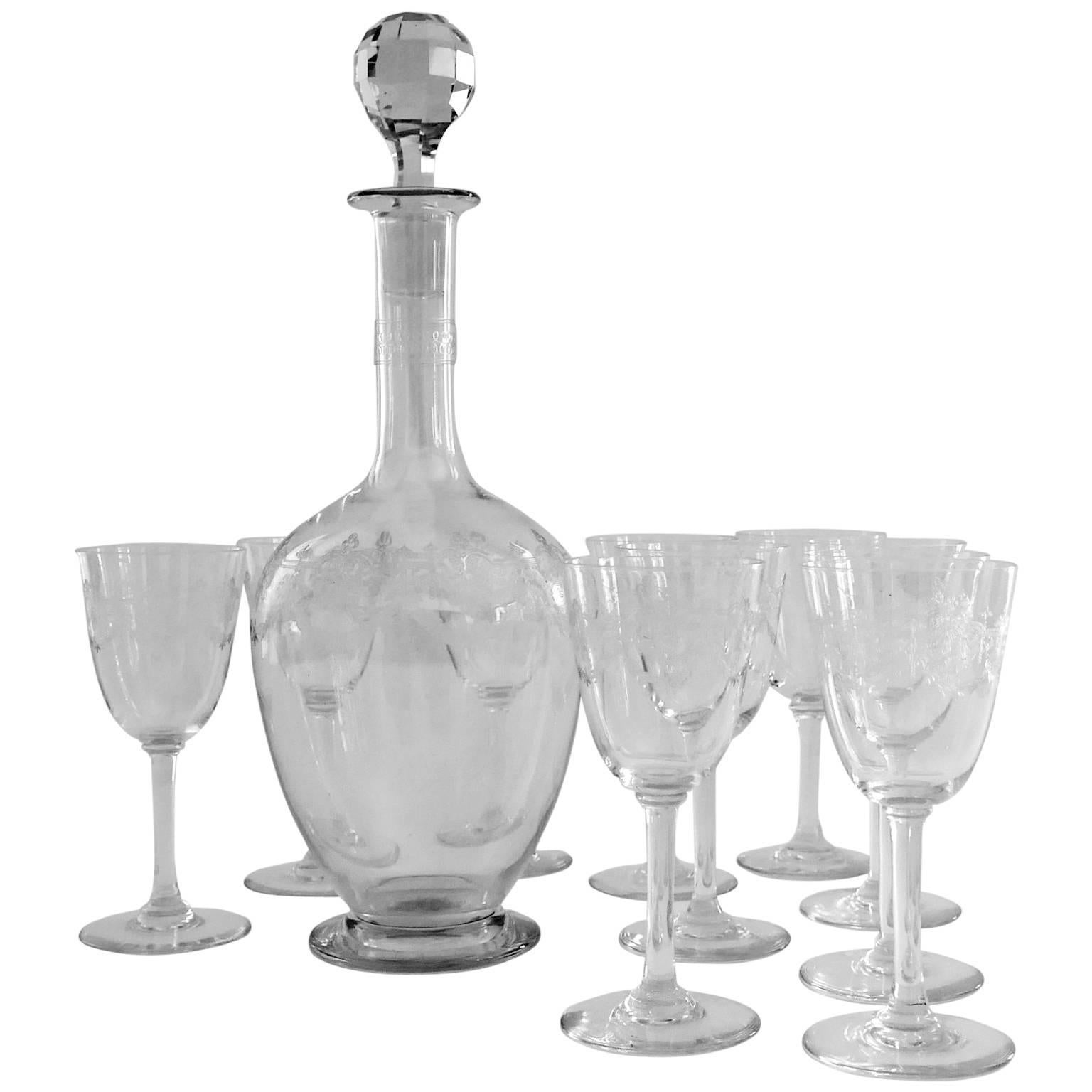 1910s Baccarat "Beauharnais" Engraved Crystal Wine Decanter and Glasses Set