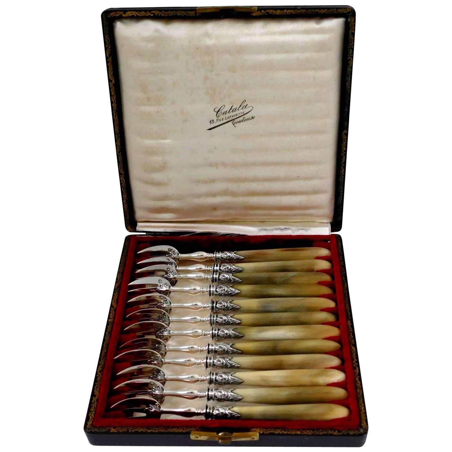 Soufflot French Sterling Silver Horn Oyster Forks Set of 12 Pieces, Original Box