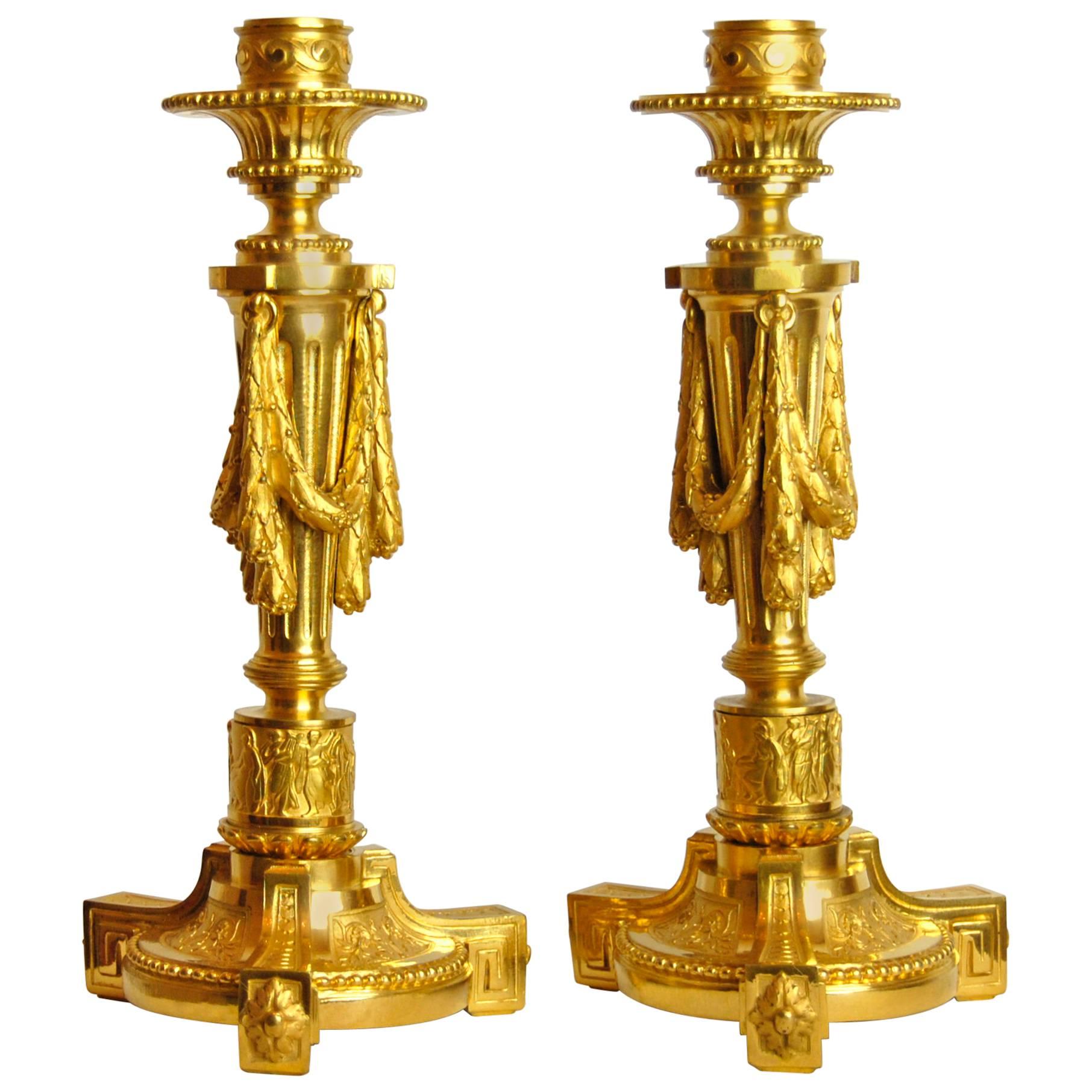 Pair of 19th Century French Empire Gilt Ormolu Candlesticks Finest Chiselled