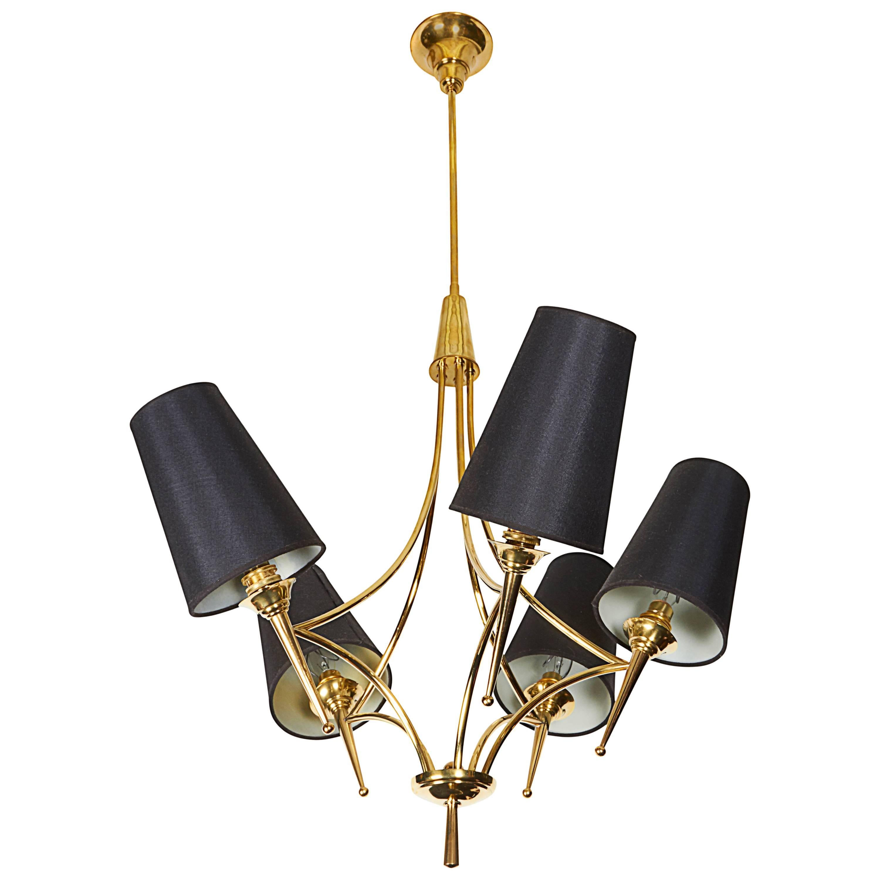 Jean Royère Style Five-Arm Brass Chandelier with Silk Shades