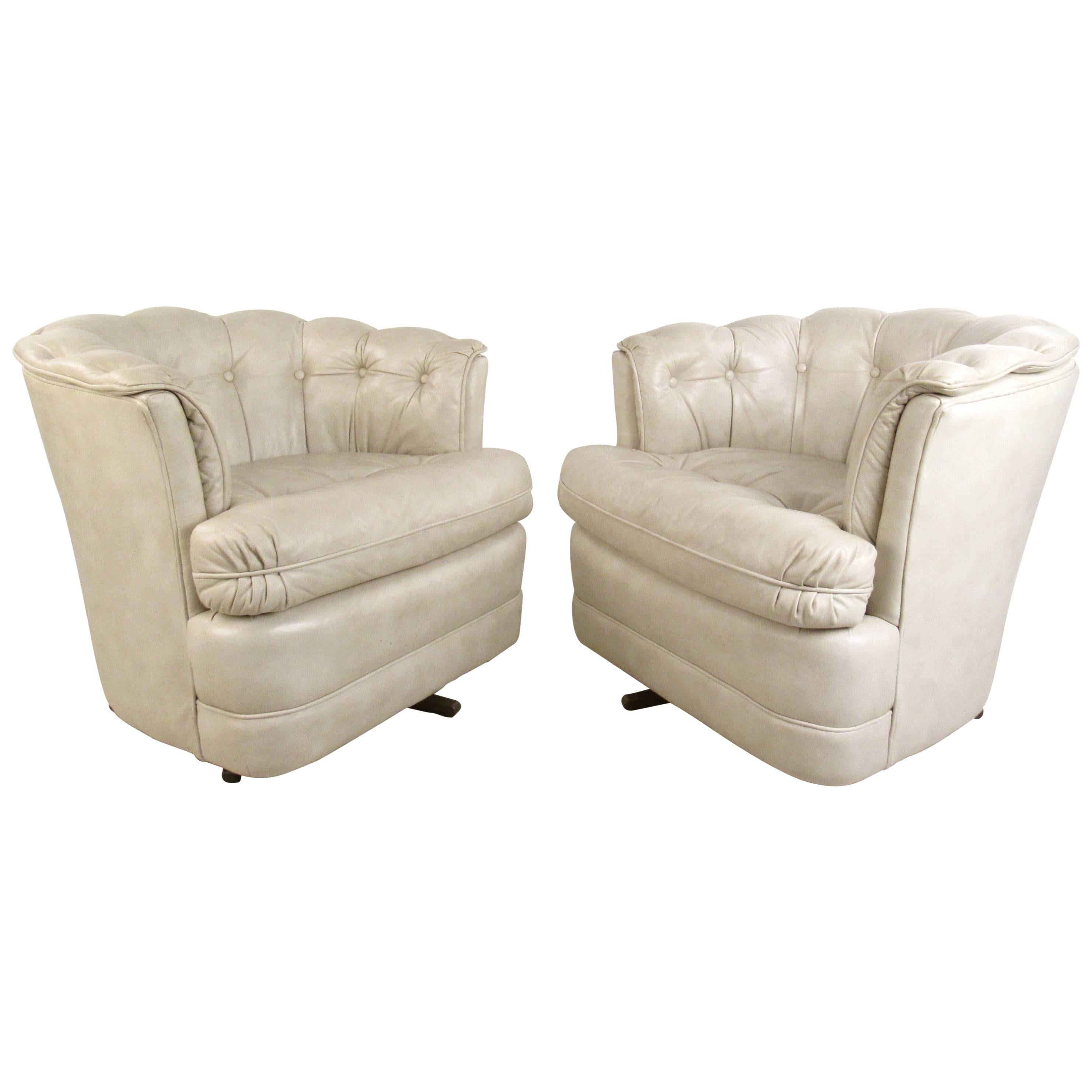 Pair of Vintage Tufted Leather Swivel Lounge Chairs, Mid-Century Modern