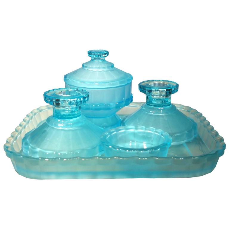 Vintage Blue Pressed Glass Scalloped Dressing Table Set at 1stDibs