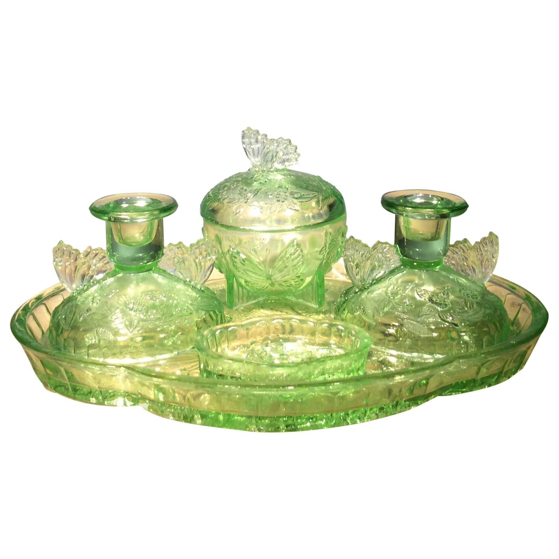 Vintage Green Pressed Glass Butterfly Dressing Table Set