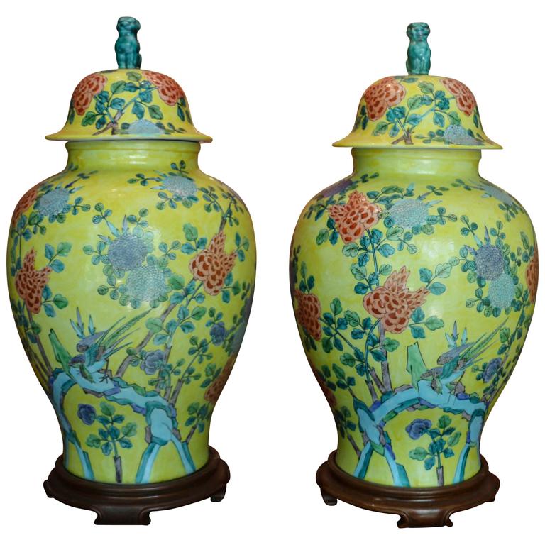 Pair of Large Vintage Asian Lidded Ginger Jars at 1stDibs