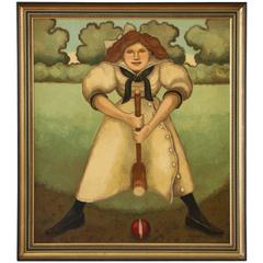 Modern Folk Art Painting of a Croquet Playing Young Woman