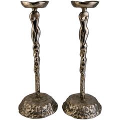 Retro Stunning Brutalist Cast Pewter Abstract Female Form Candleholders
