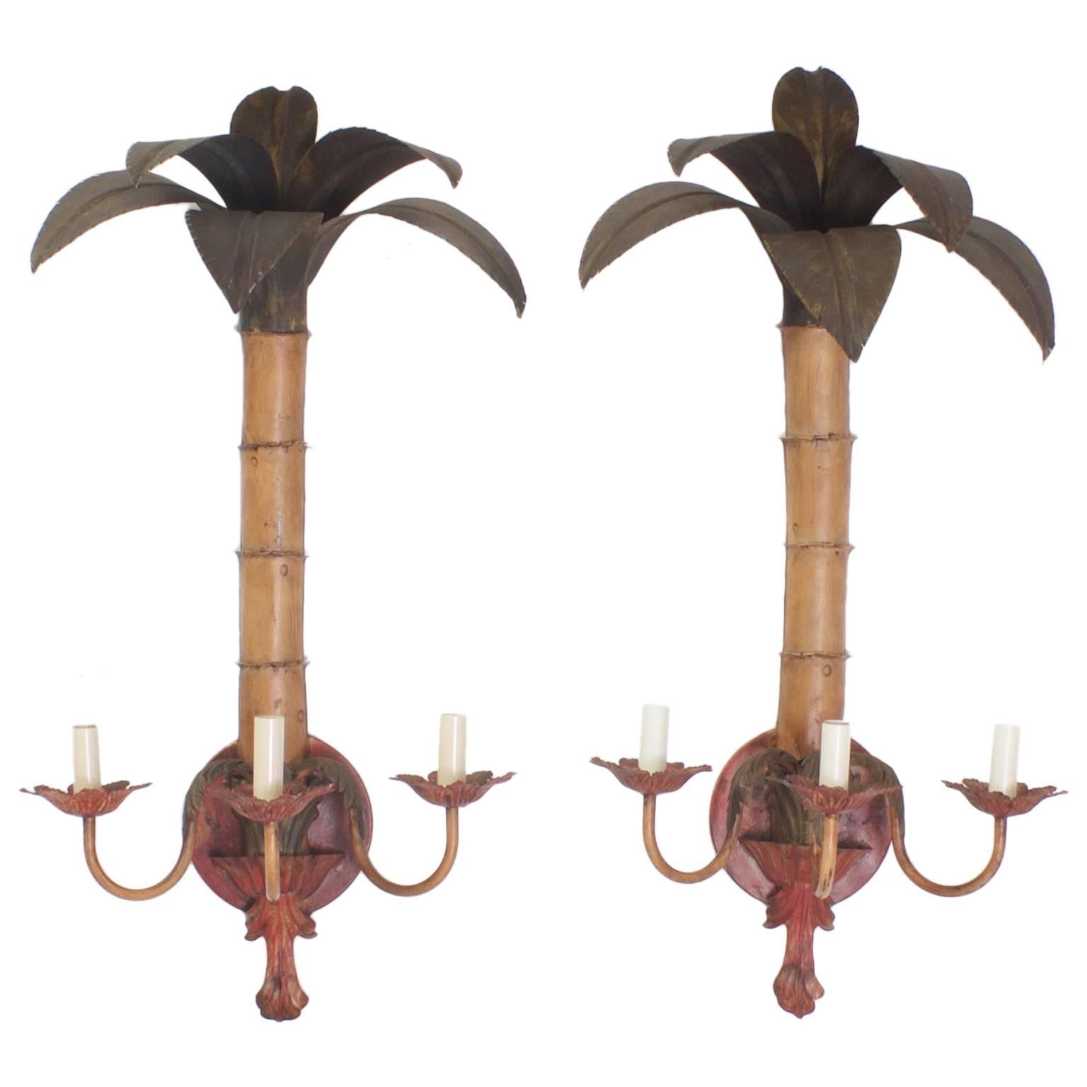 Vintage Pair of Tole Palm Tree Wall Sconces