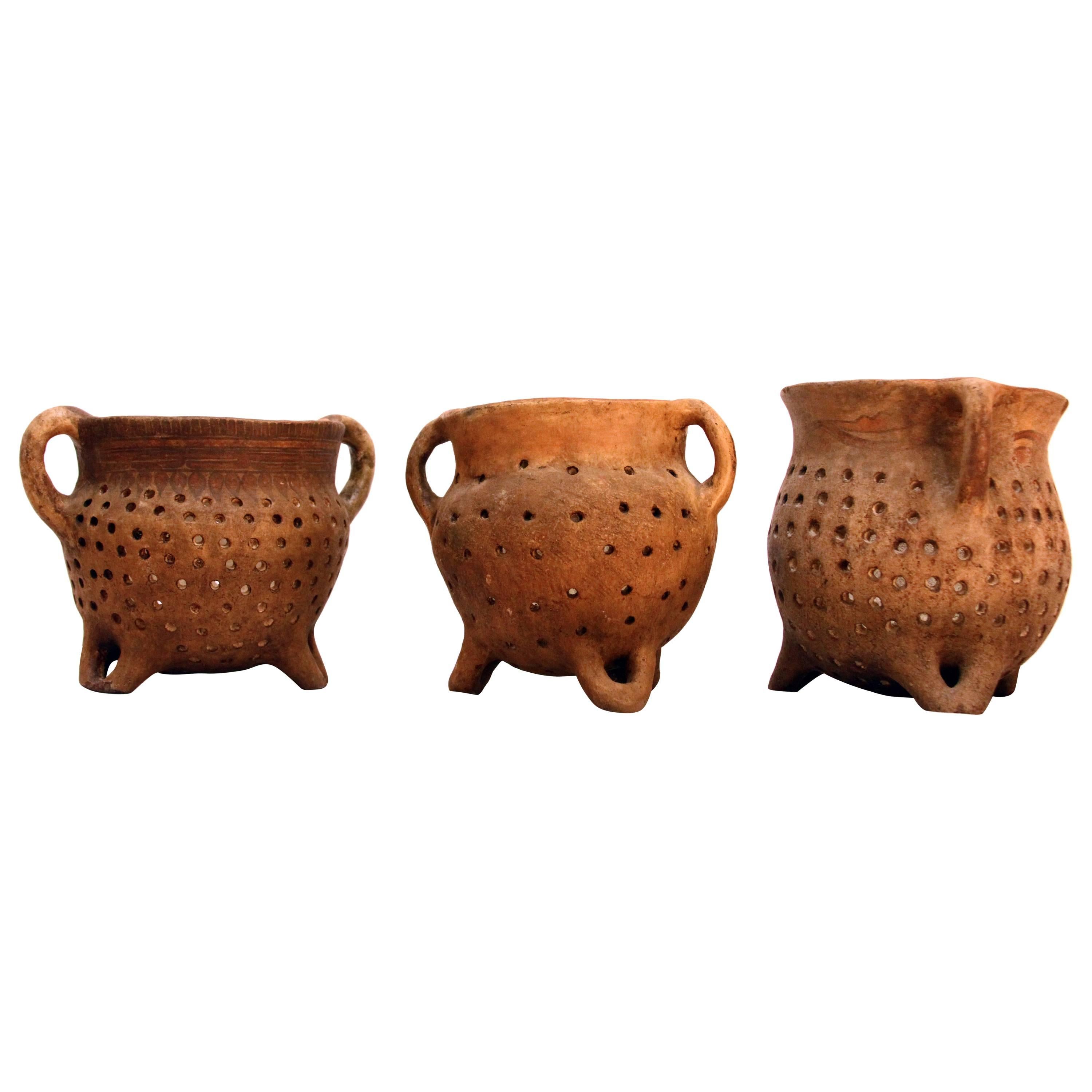 20th Century Clay Primitive Pots/Strainers